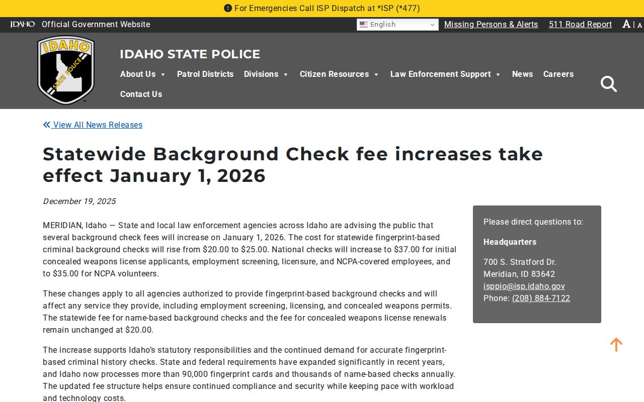 Pinehurst record check current Idaho BCI fees