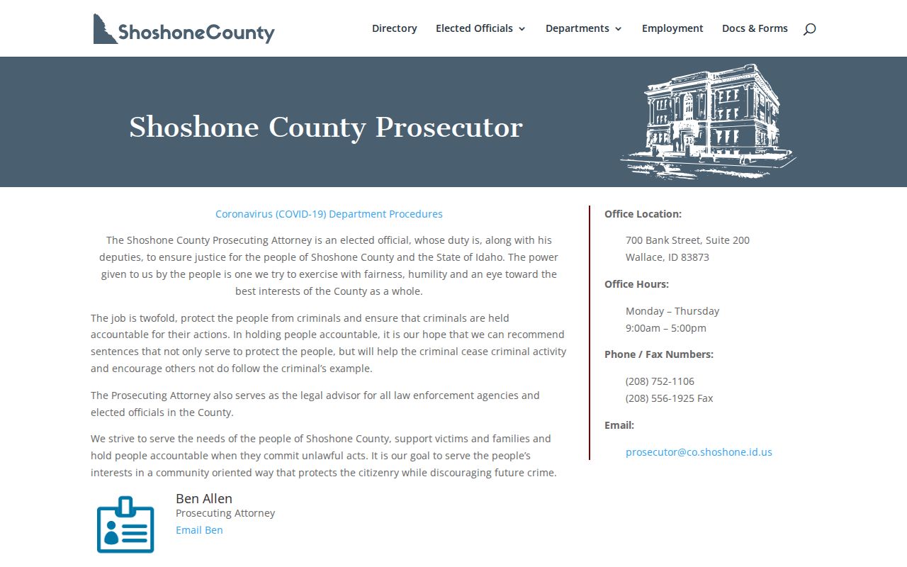 Shoshone County arrest search prosecutor charging office