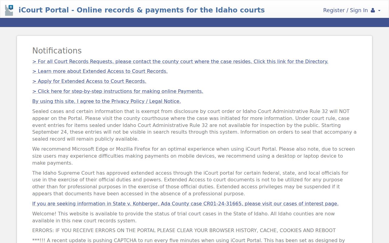 Shoshone County criminal case lookup in Idaho iCourt