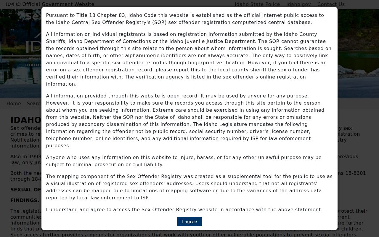 Shoshone County sex offender registry information from Idaho State Police